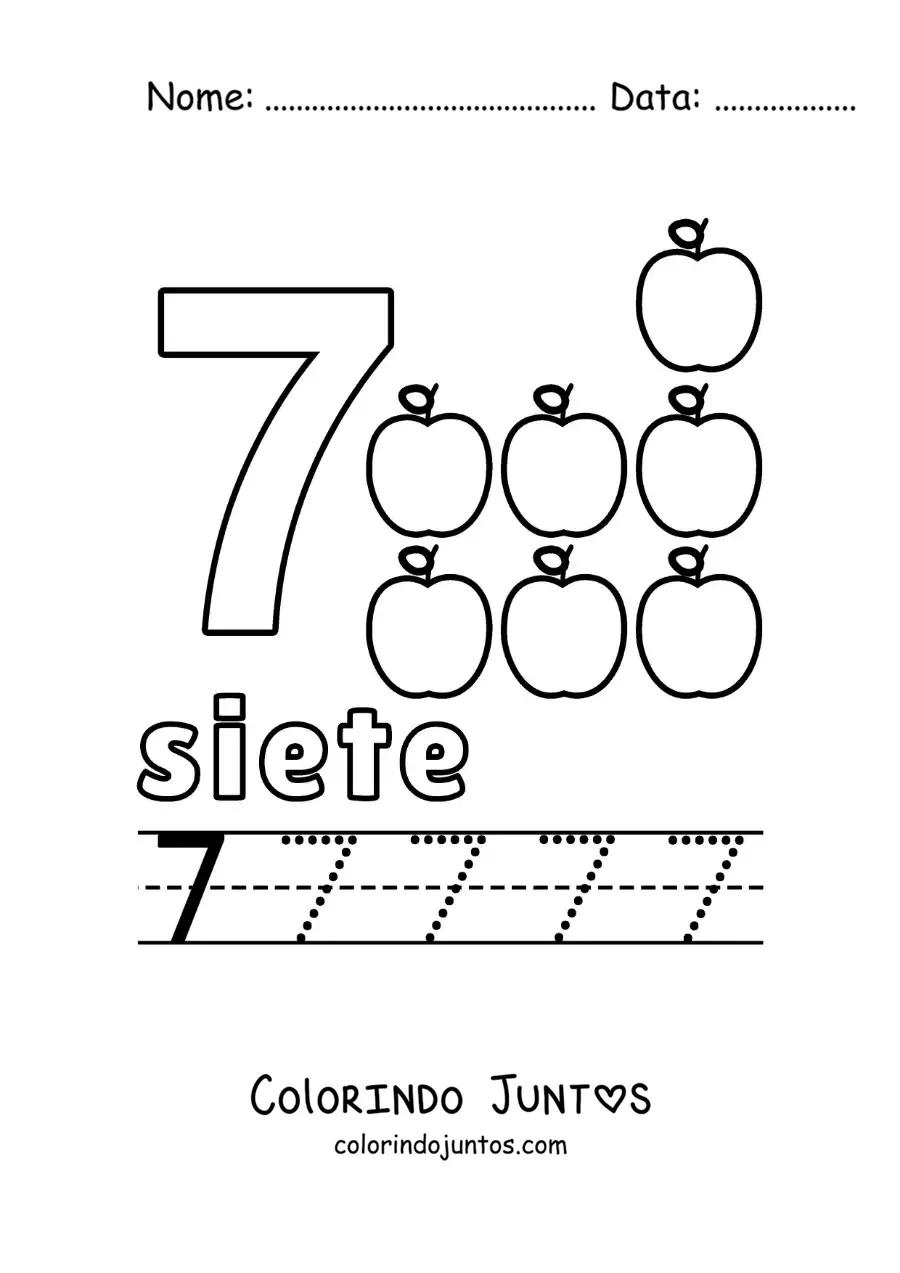 Desenho para colorir do número 7 com objetos para aprender a contar e traçar