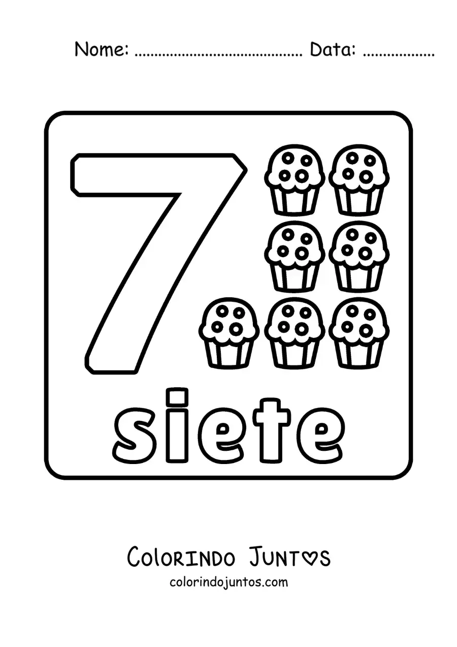 Desenho para colorir do número 7 com objetos para aprender a contar