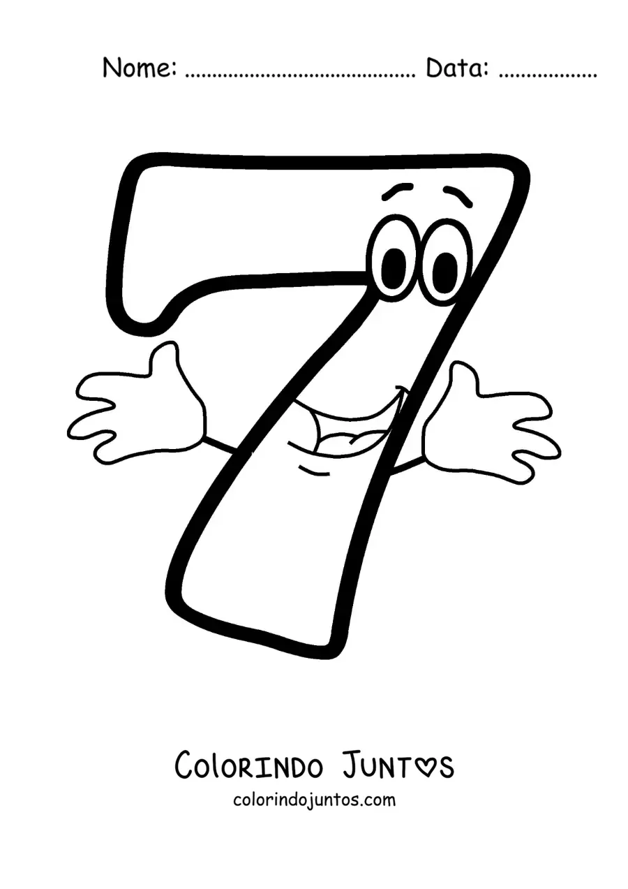 Desenho para colorir do número 7 animado dançando para crianças