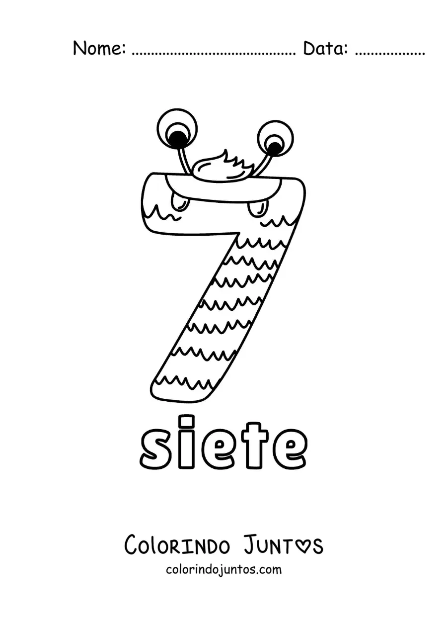 Desenho para colorir do número 7 em forma de monstro animado de Halloween