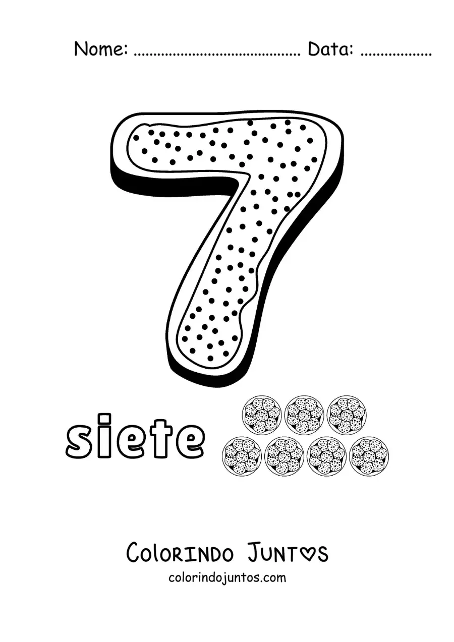 Desenho para colorir do número 7 animado em forma de biscoito com objetos para contar