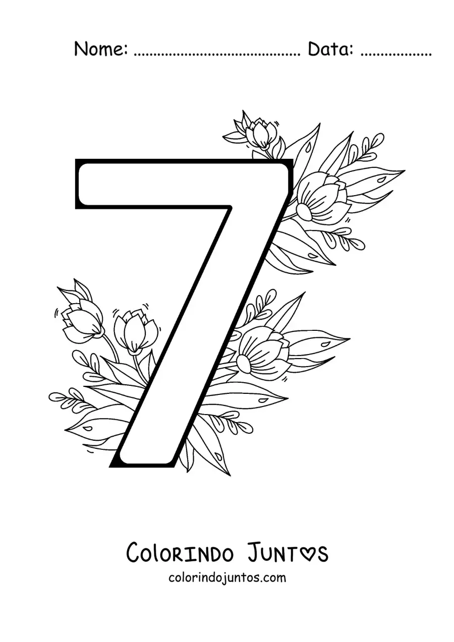Desenho para colorir do número 7 decorado com flores