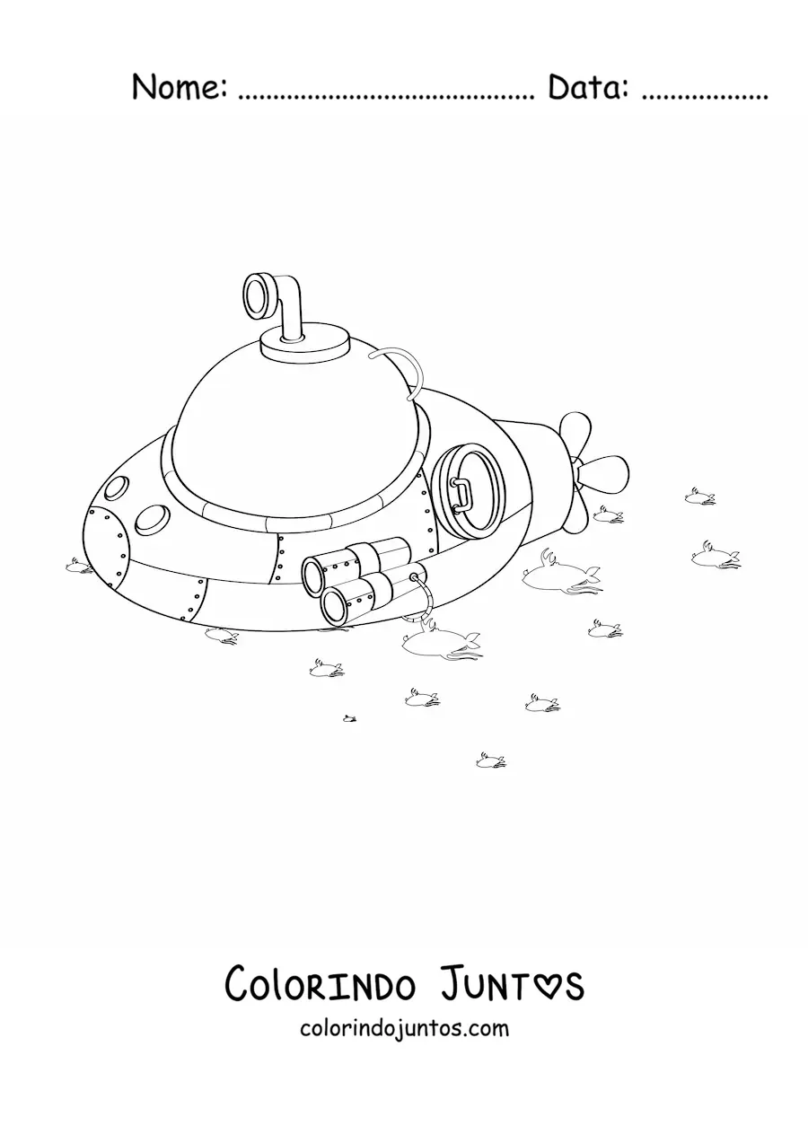 Desenho para colorir de um submarino redondo junto a varios peixes