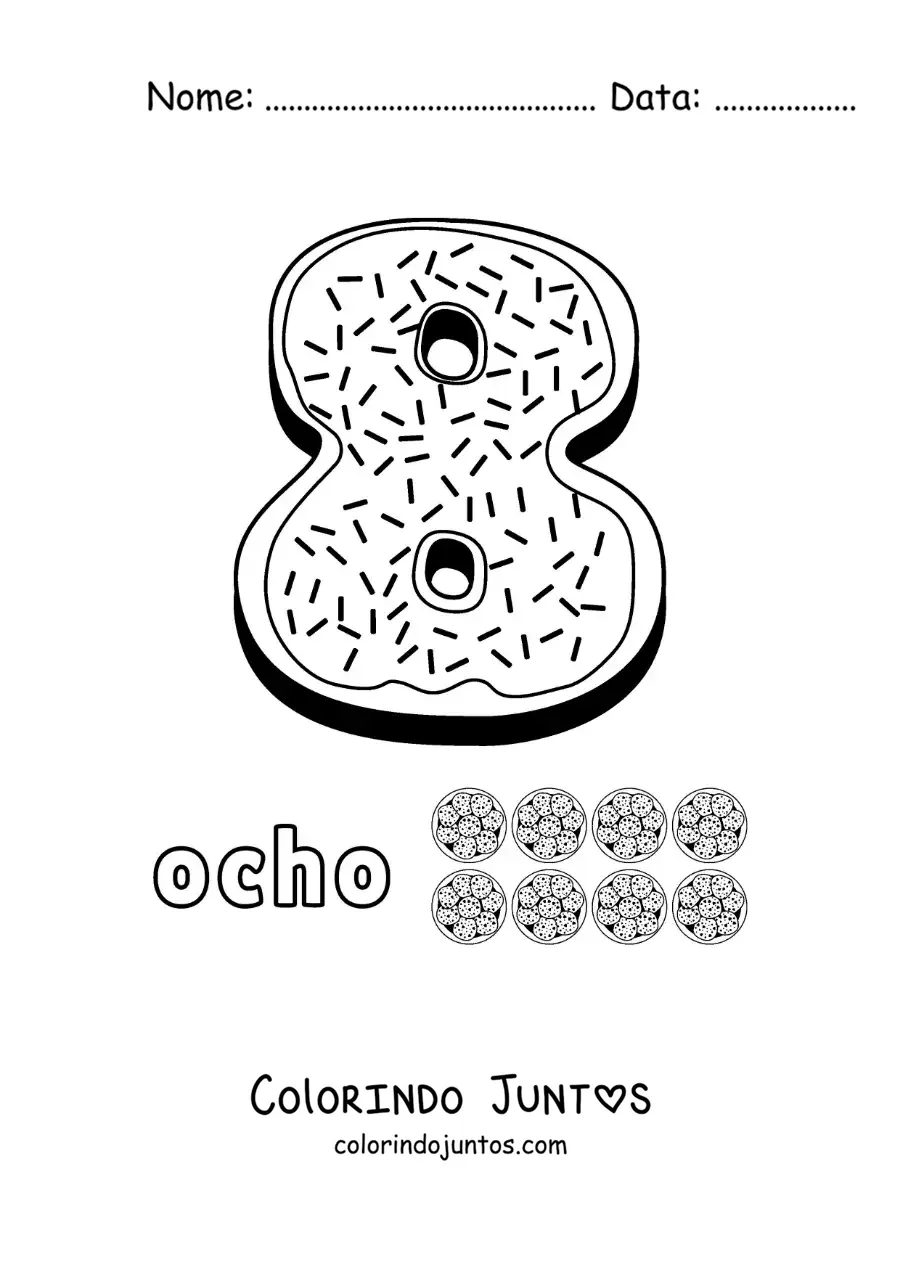 Desenho para colorir do número 8 animado em forma de biscoito com objetos para contar