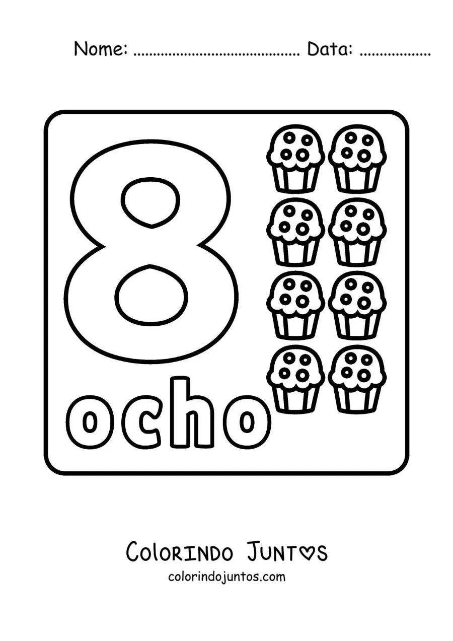 Desenho para colorir do número 8 com objetos para aprender a contar