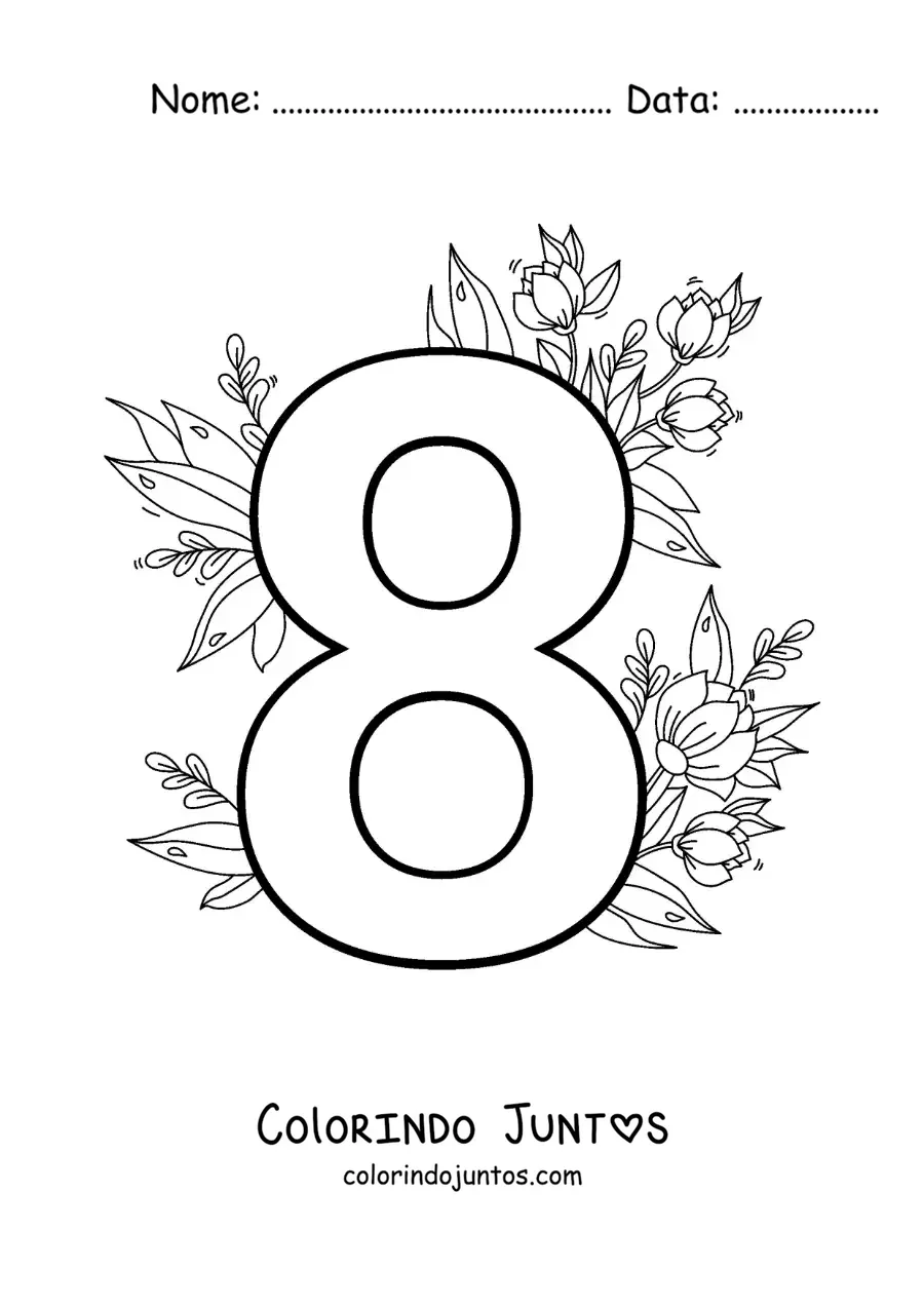 Desenho para colorir do número 8 decorado com flores