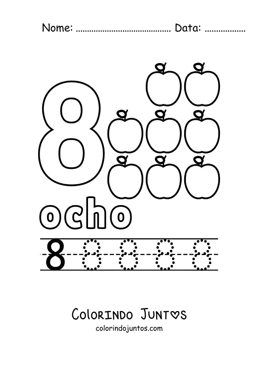 Desenho para colorir do número 8 com objetos para aprender a contar e traçar