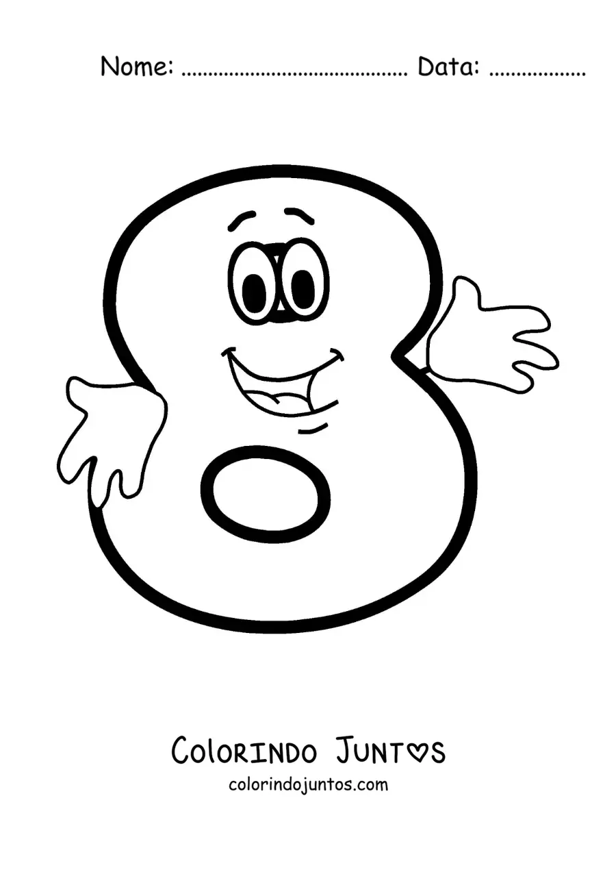 Desenho para colorir do número 8 animado dançando para crianças