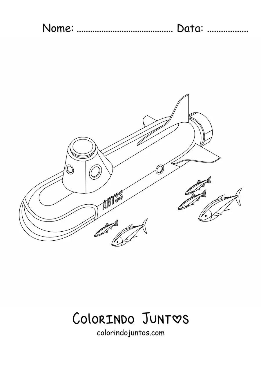 Desenho para colorir de um submarino alongado junto a varios peixes