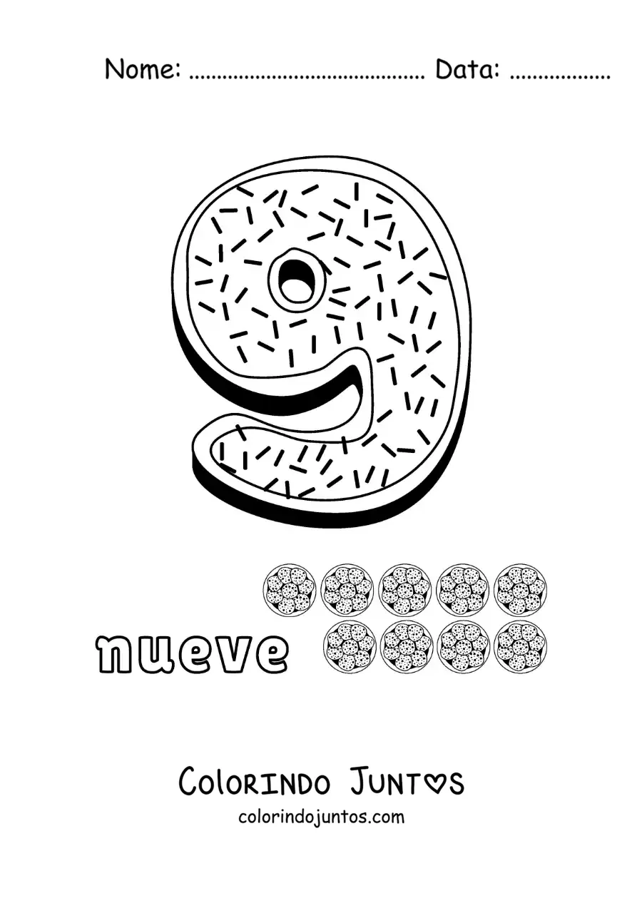 Desenho para colorir do número 9 grande para crianças da pré-escola
