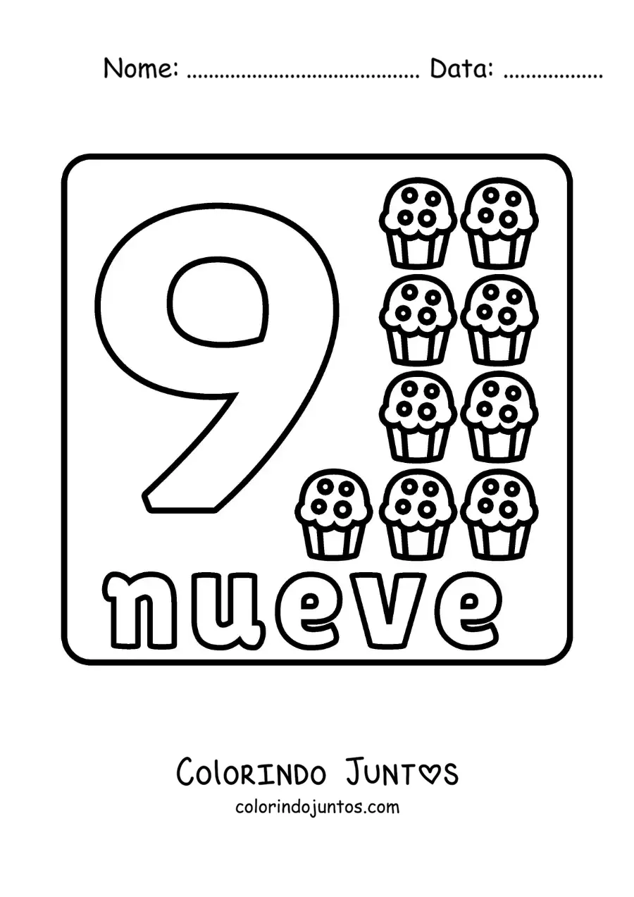 Desenho para colorir do número 9 com objetos para aprender a contar