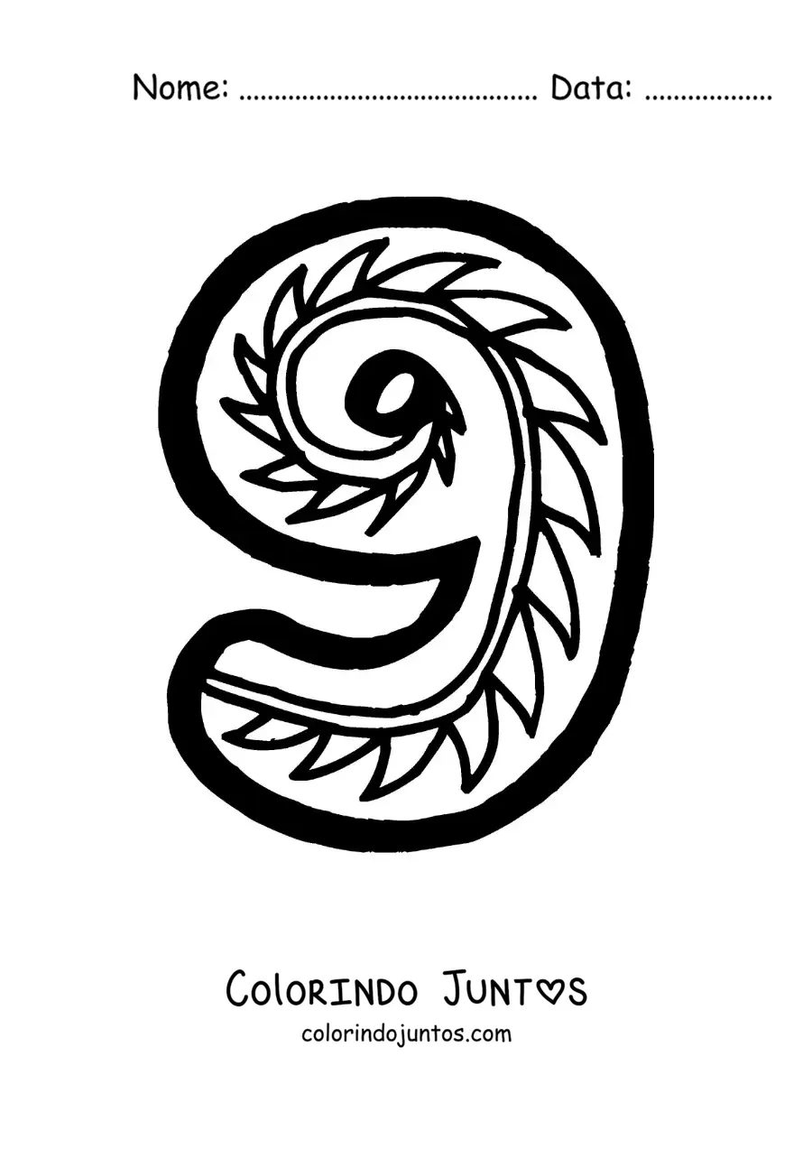 Desenho para colorir do número 9 grande para crianças da pré-escola