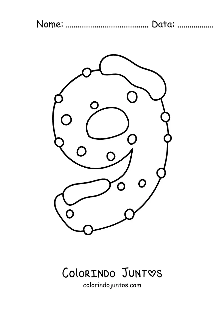 Desenho para colorir do número 9 decorado para crianças