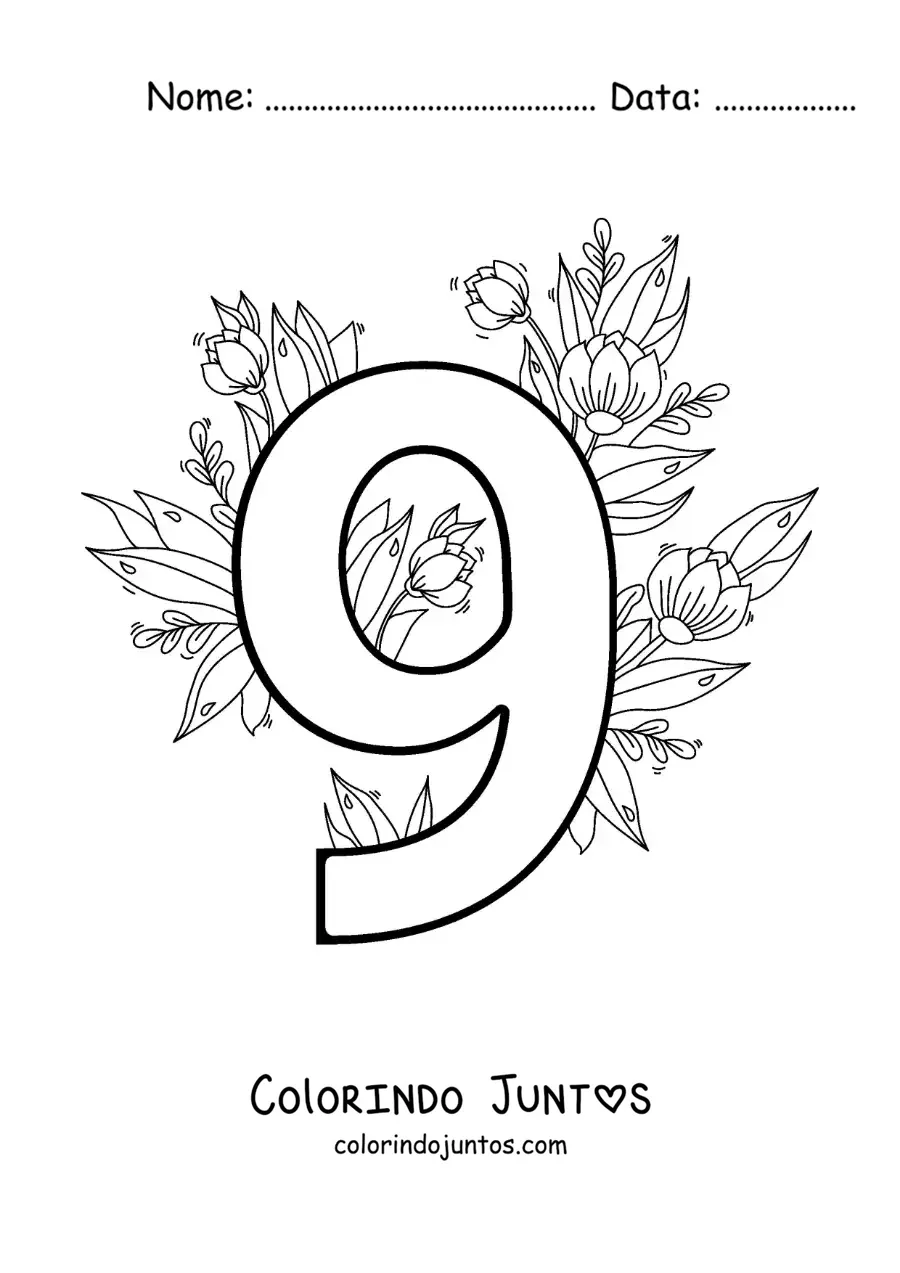 Desenho para colorir do número 9 decorado com flores