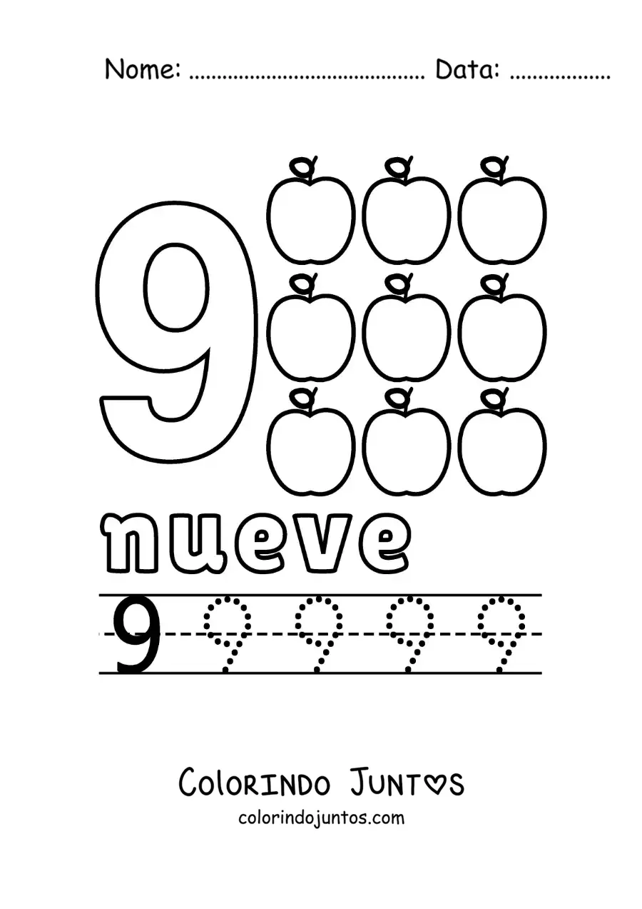 Desenho para colorir do número 9 com objetos para aprender a contar e traçar