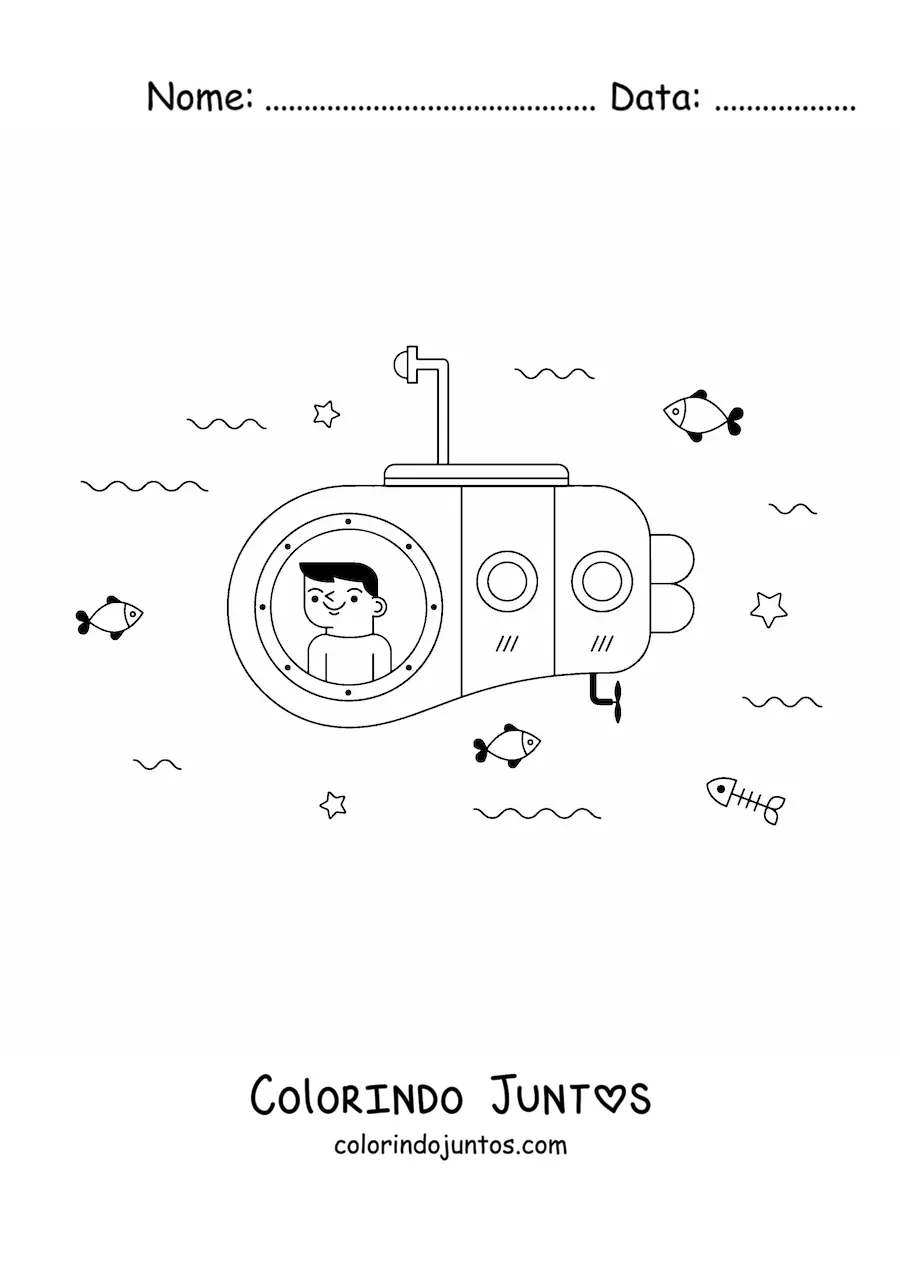 Desenho para colorir de um menino dentro de um submarino