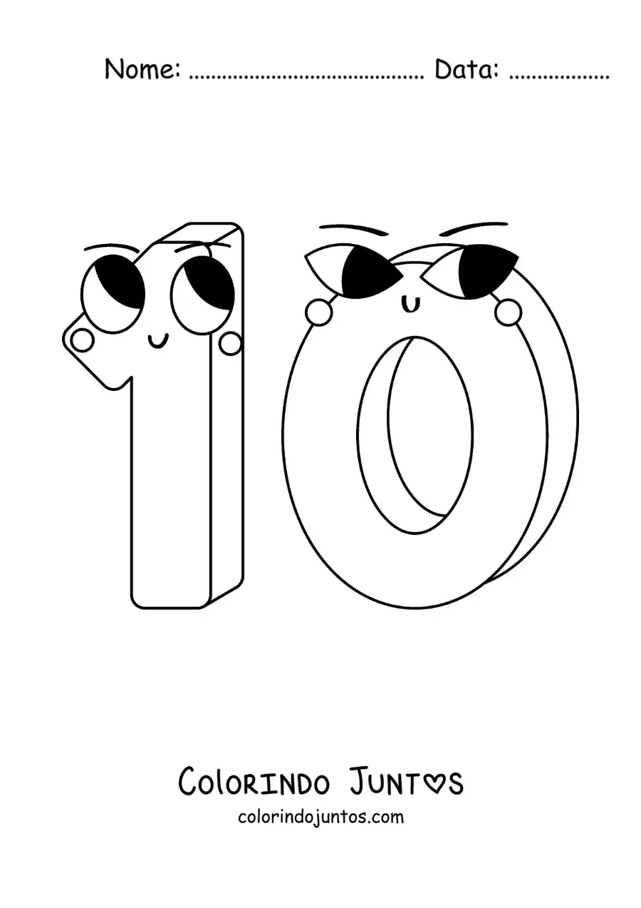 Desenho para colorir do número 10 animado infantil