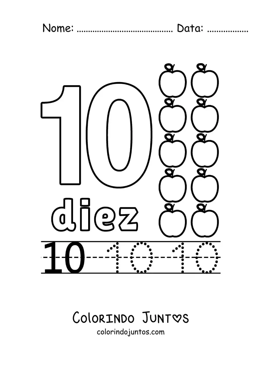 Desenho para colorir do número 10 com objetos para aprender a contar e traçar
