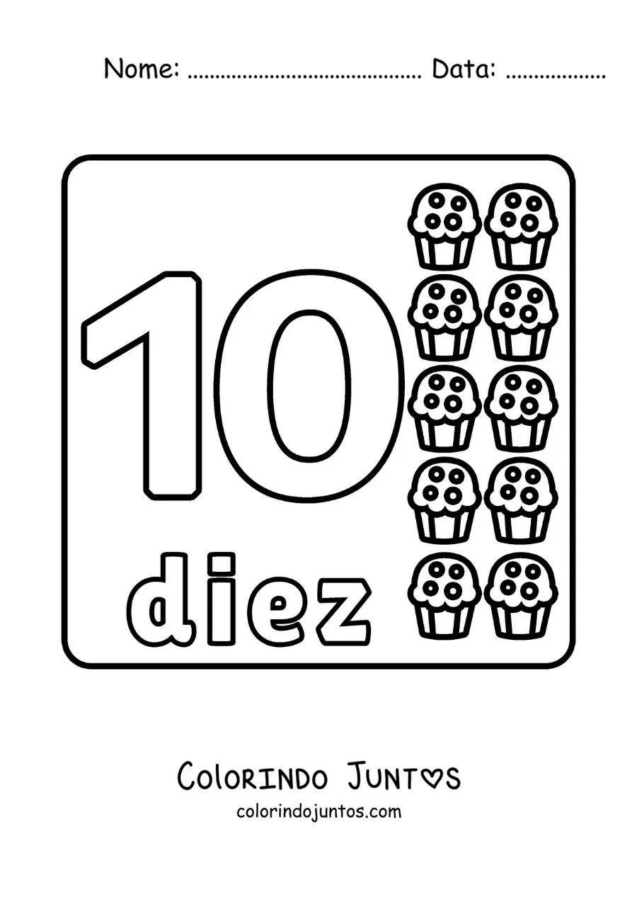 Desenho para colorir do número 10 com objetos para aprender a contar