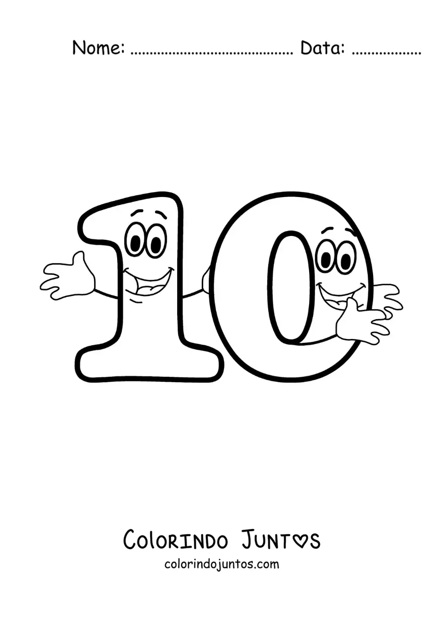 Desenho para colorir do número 10 animado dançando para crianças