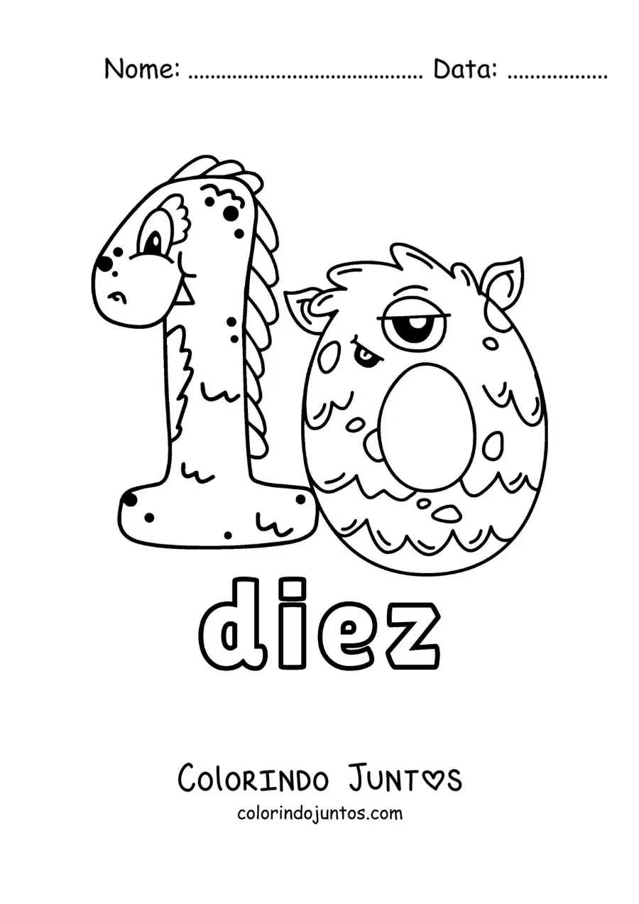 Desenho para colorir do número 10 em forma de monstro animado de Halloween