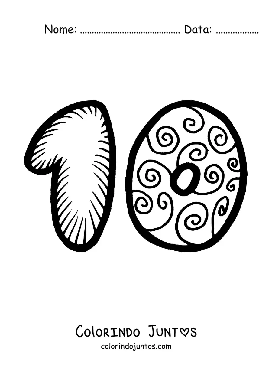 Desenho para colorir do número 10 grande para crianças da pré-escola