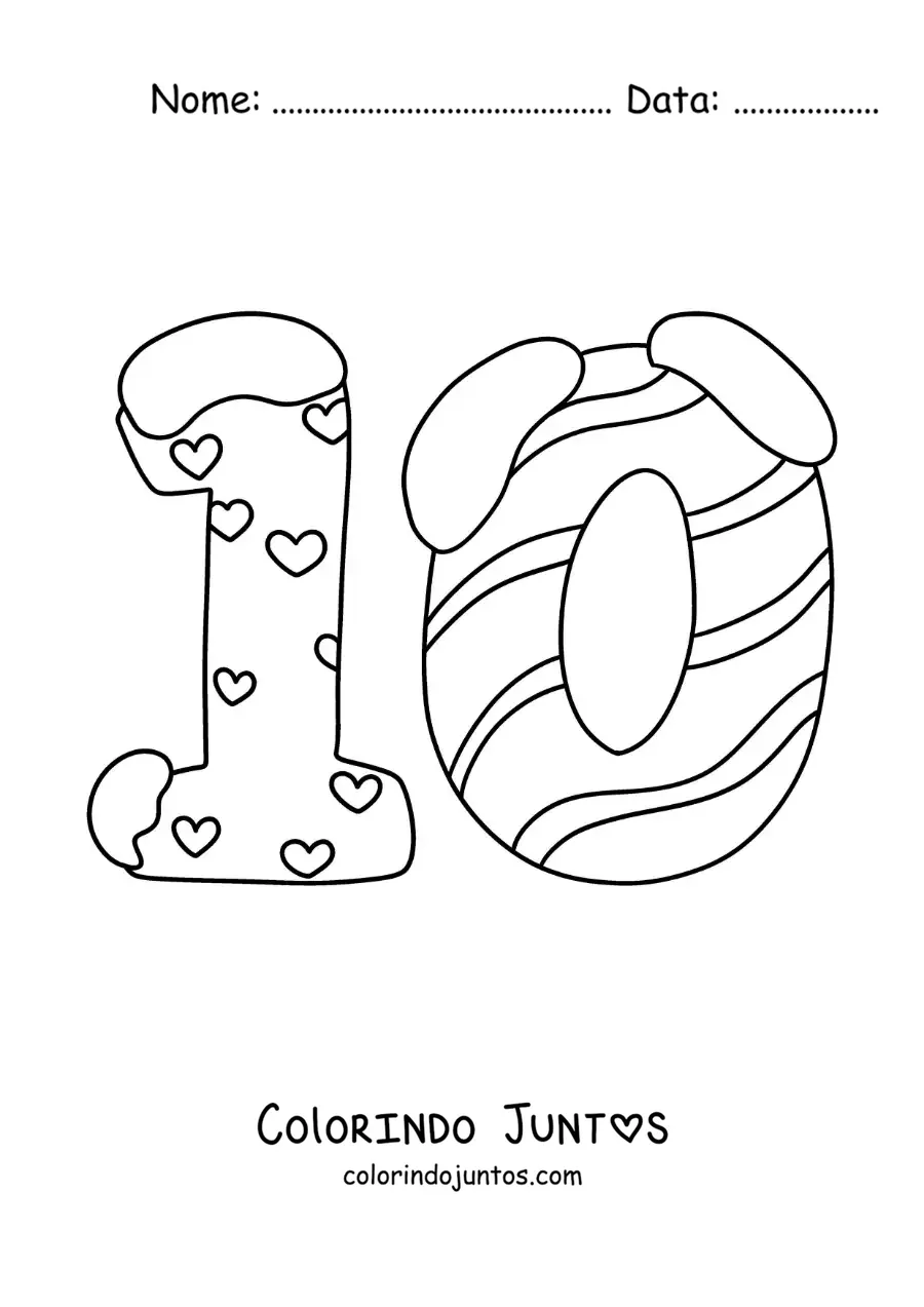 Desenho para colorir do número 10 decorado para crianças
