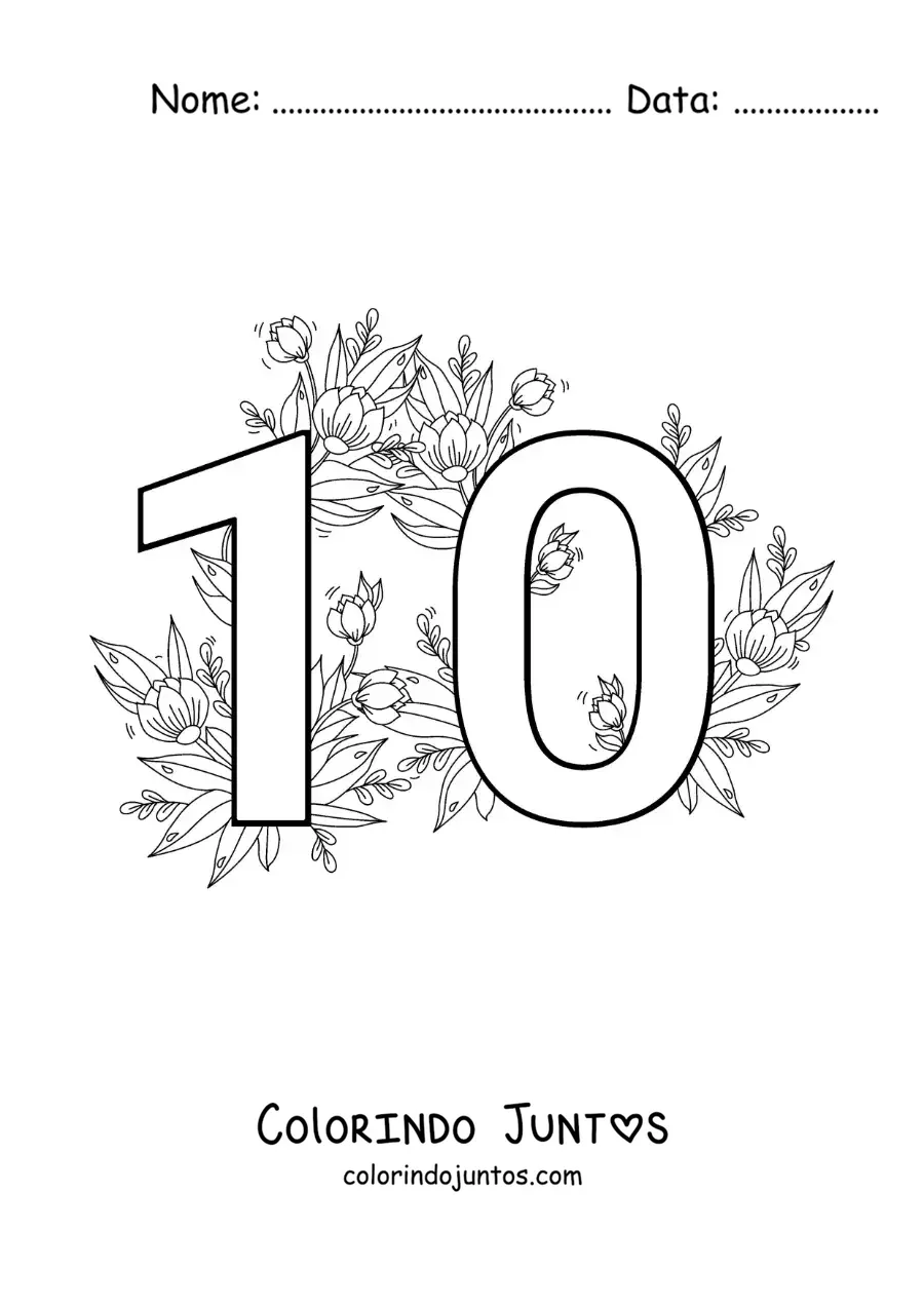 Desenho para colorir do número 10 decorado com flores