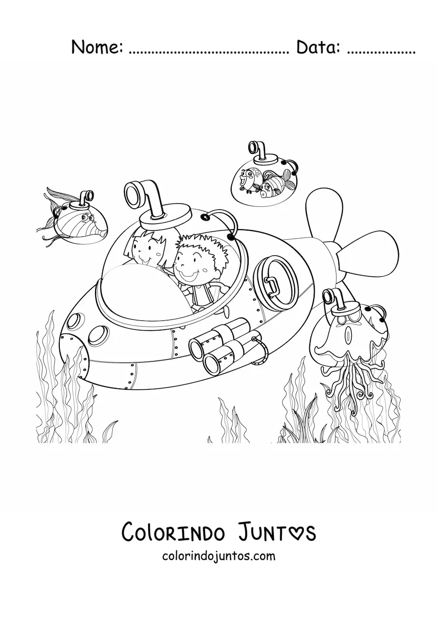 Desenho para colorir de duas criancas dentro de um submarino com peixes animados