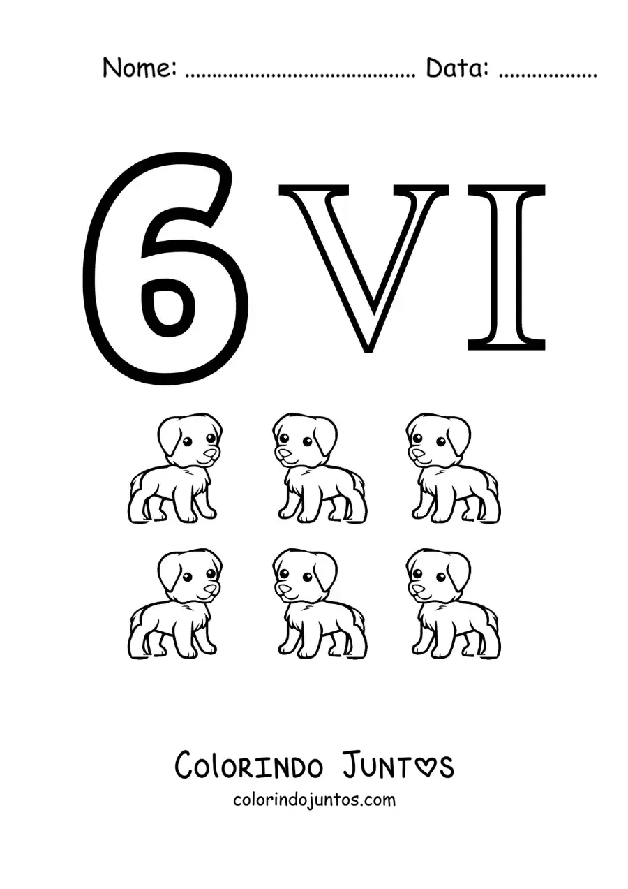 Desenho para colorir de ficha do 6 em algarismos romanos com desenhos animados
