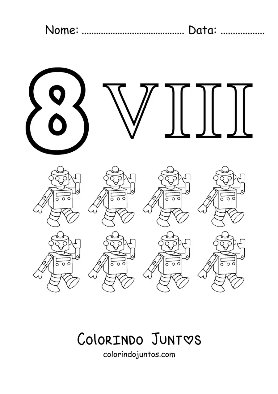 Desenho para colorir de ficha do 8 em algarismos romanos com desenhos animados