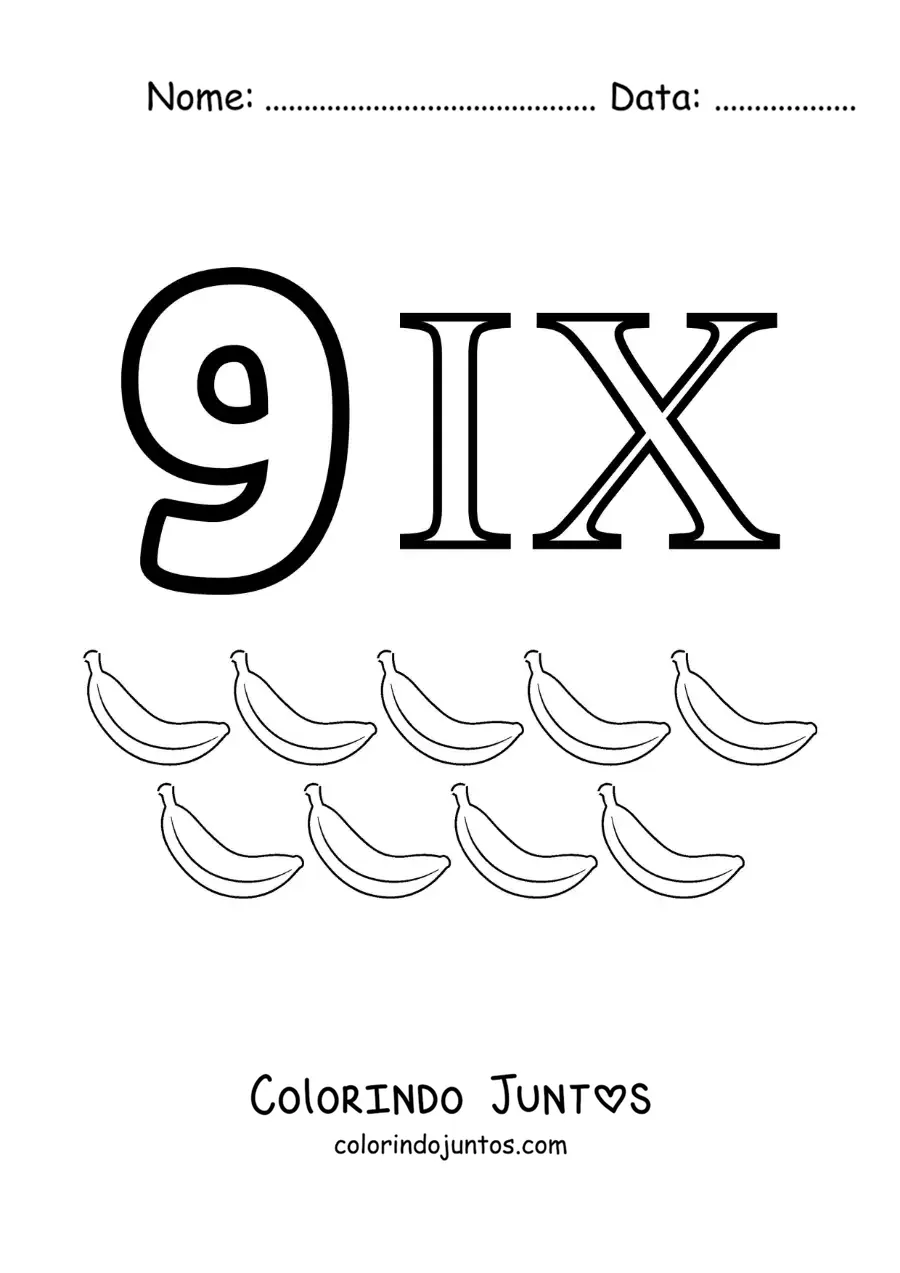 Desenho para colorir de ficha do 9 em algarismos romanos com desenhos animados