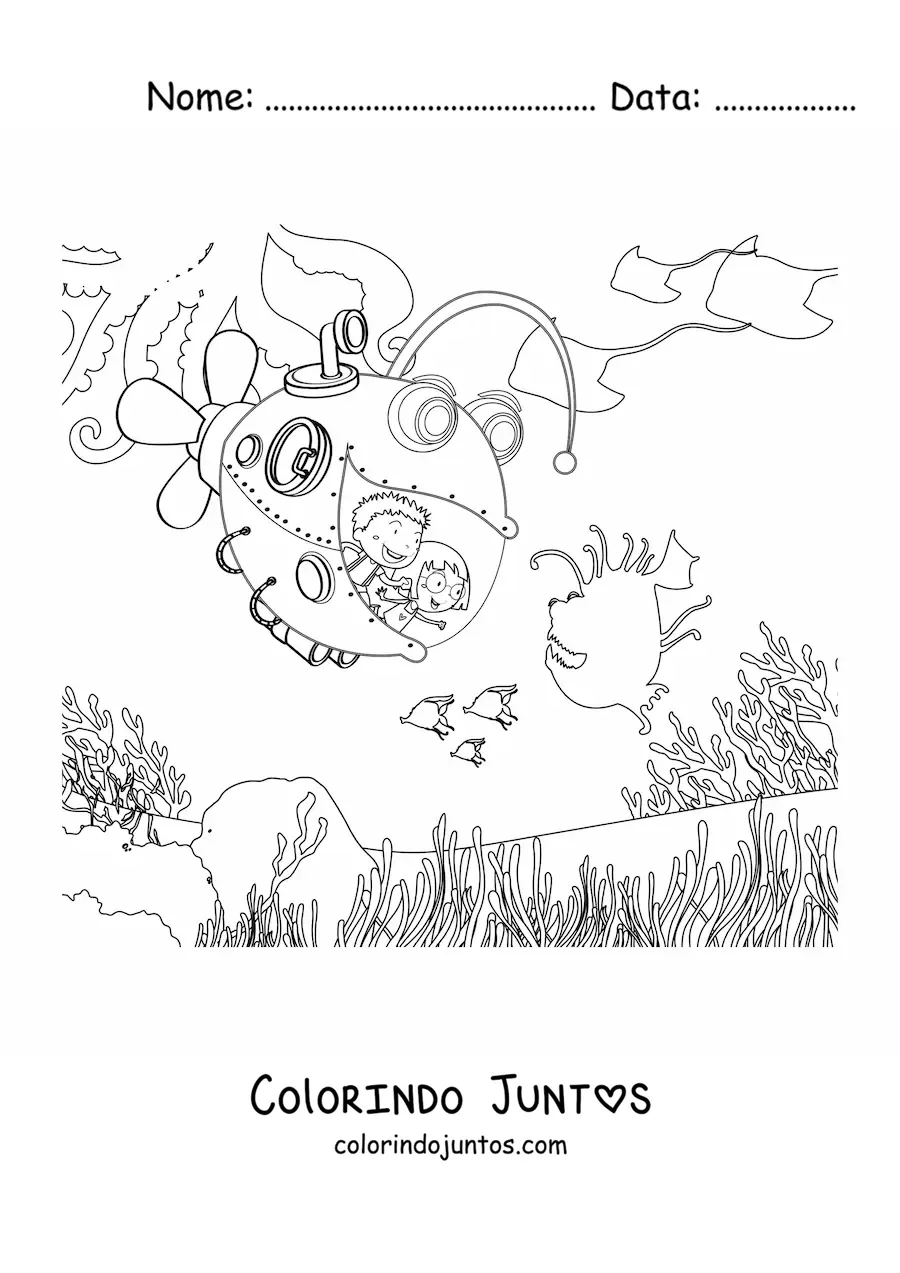 Desenho para colorir de duas criancas em um submarino em forma de peixe no fundo do mar