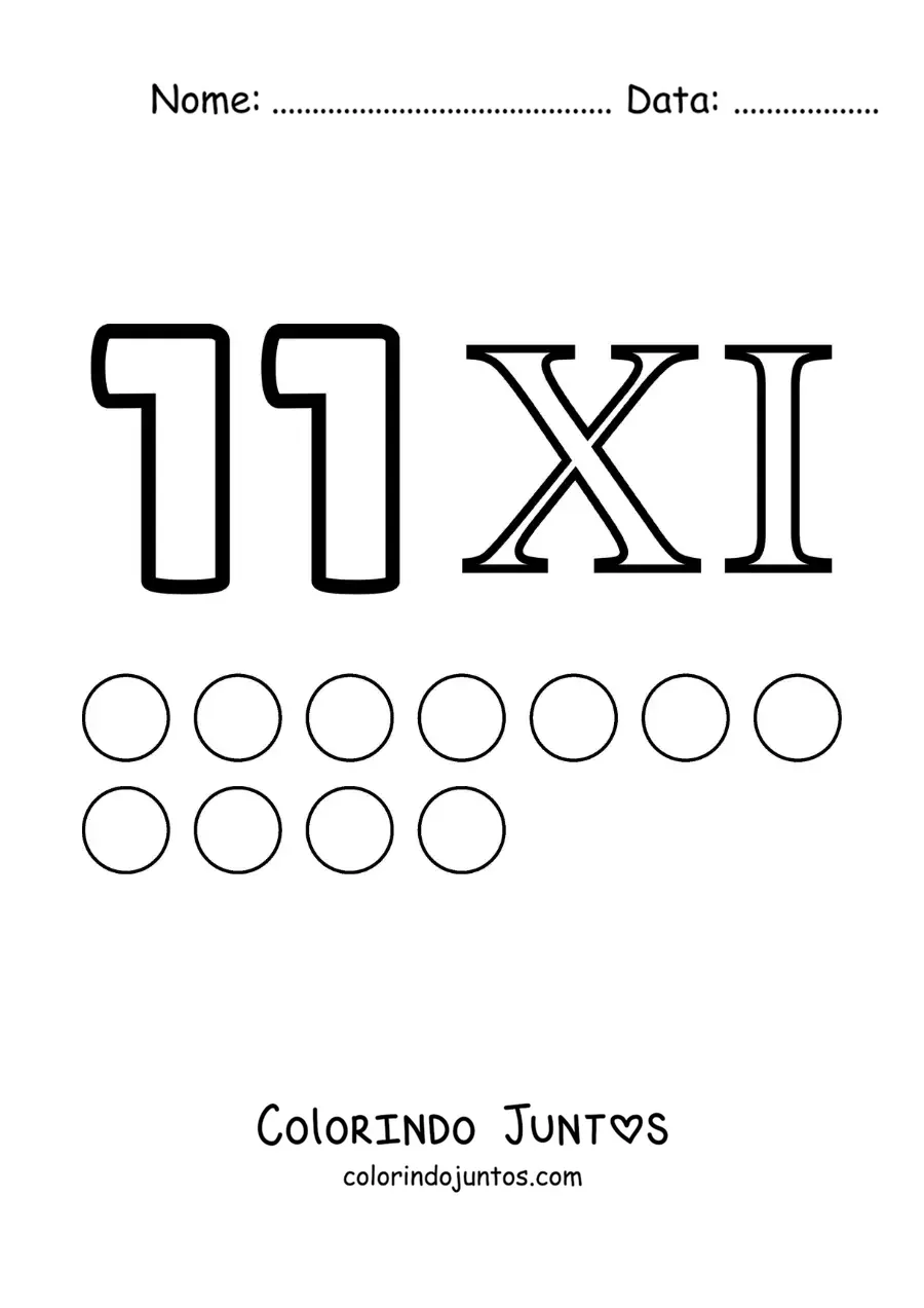 Desenho para colorir de ficha do 11 em algarismos romanos com desenhos animados
