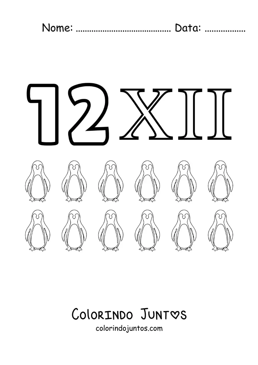 Desenho para colorir de ficha do 12 em algarismos romanos com desenhos animados