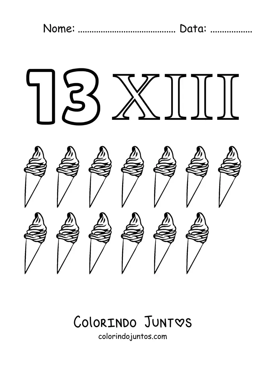 Desenho para colorir de ficha do 13 em algarismos romanos com desenhos animados