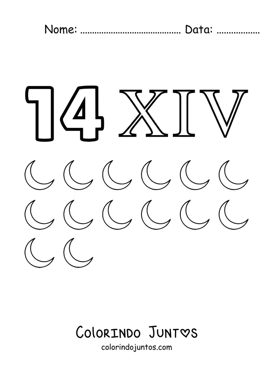 Desenho para colorir de ficha do 14 em algarismos romanos com desenhos animados