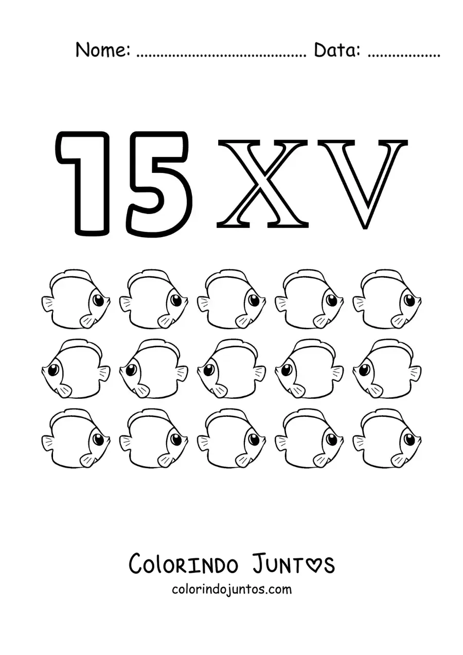 Desenho para colorir de ficha do 15 em algarismos romanos com desenhos animados