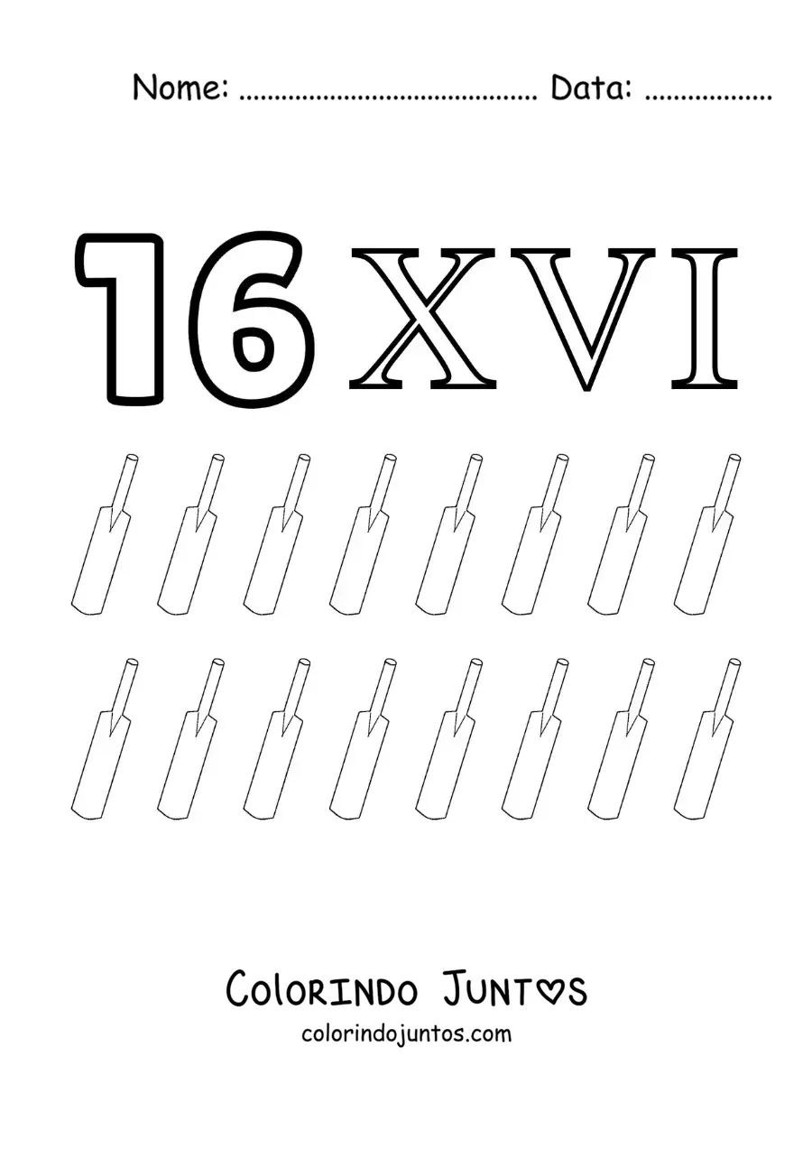Desenho para colorir de ficha do 16 em algarismos romanos com desenhos animados