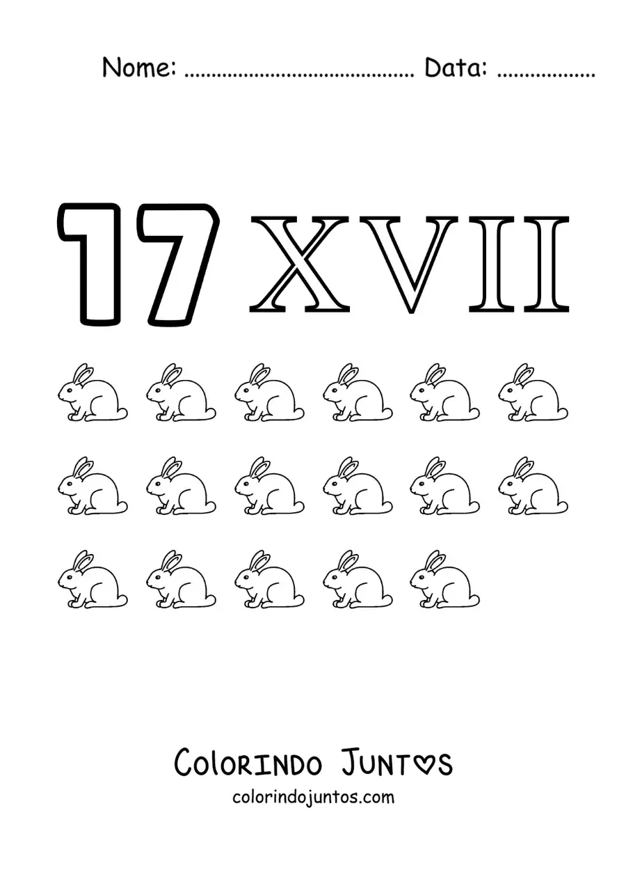 Desenho para colorir de ficha do 17 em algarismos romanos com desenhos animados