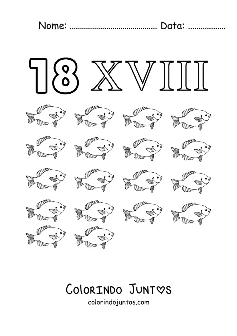 Desenho para colorir de ficha do 18 em algarismos romanos com desenhos animados