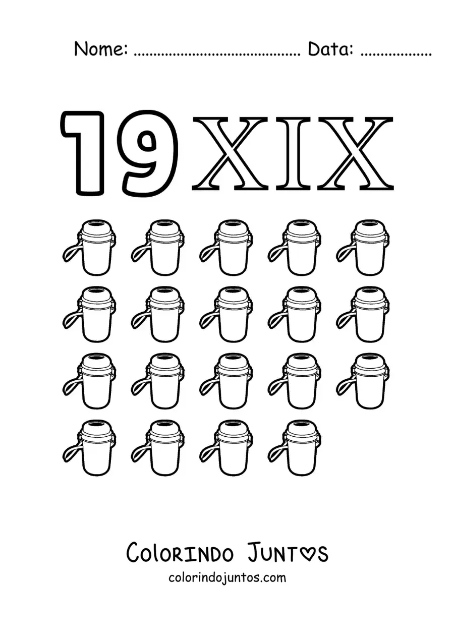 Desenho para colorir de ficha do 19 em algarismos romanos com desenhos animados