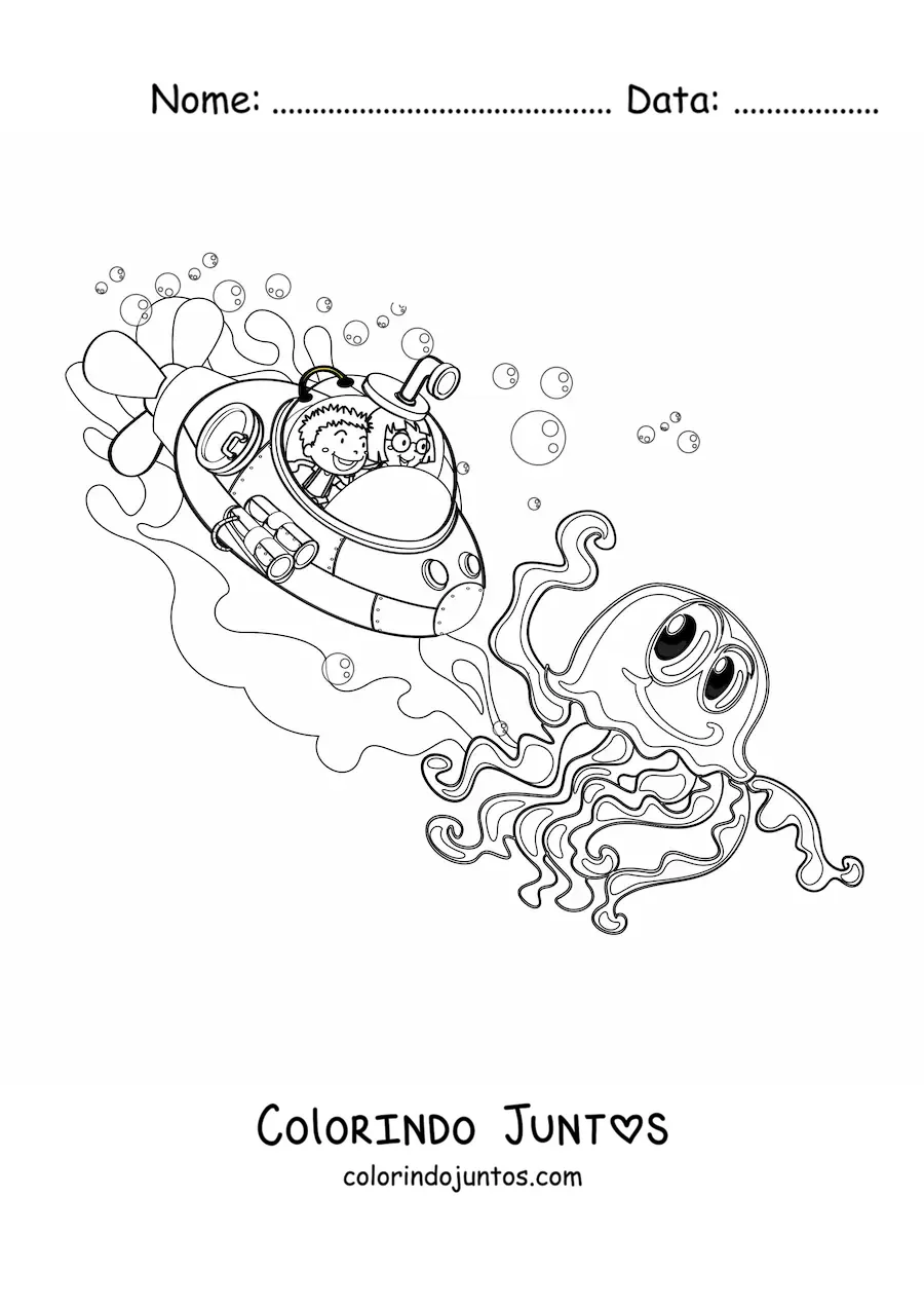 Desenho para colorir de um polvo animado e duas criancas em um submarino