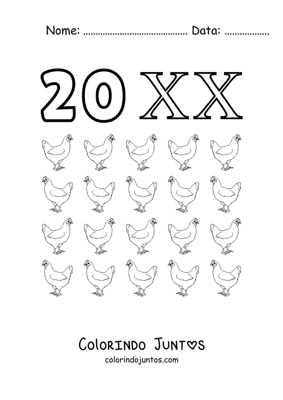 Desenho para colorir de ficha do 20 em algarismos romanos com desenhos animados