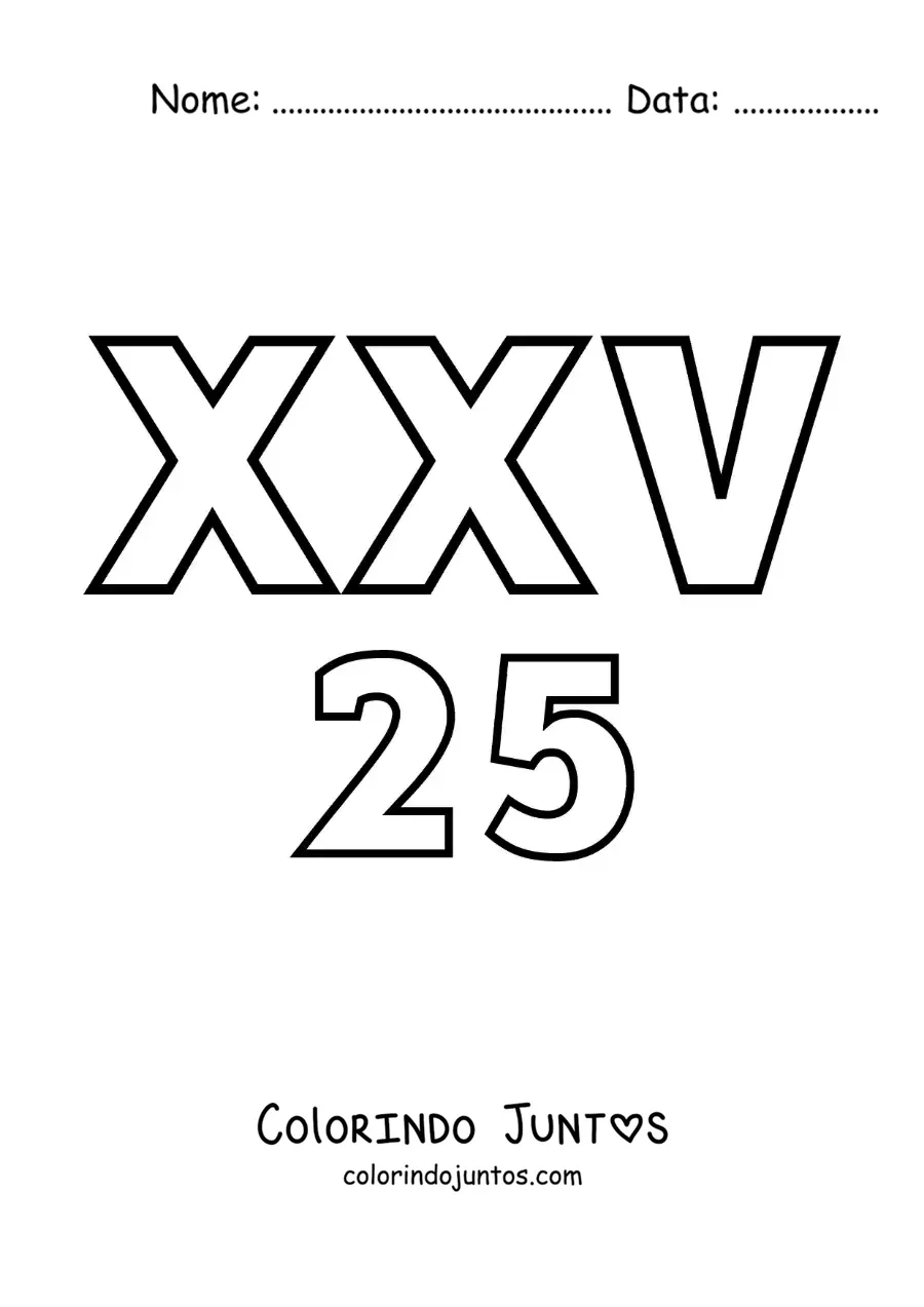 Desenho para colorir de ficha do 25 em algarismos romanos com desenhos animados