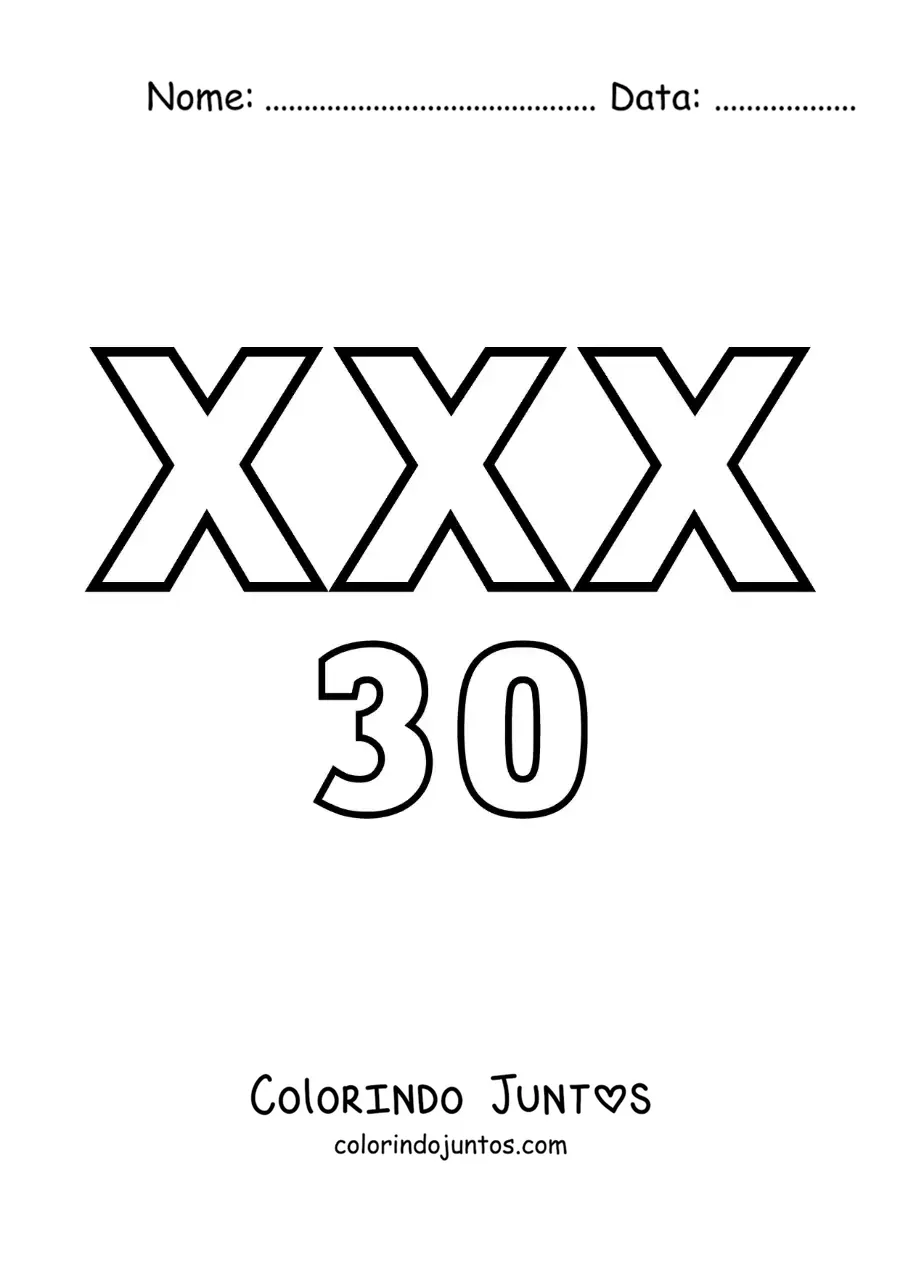 Desenho para colorir de ficha do 30 em algarismos romanos com desenhos animados