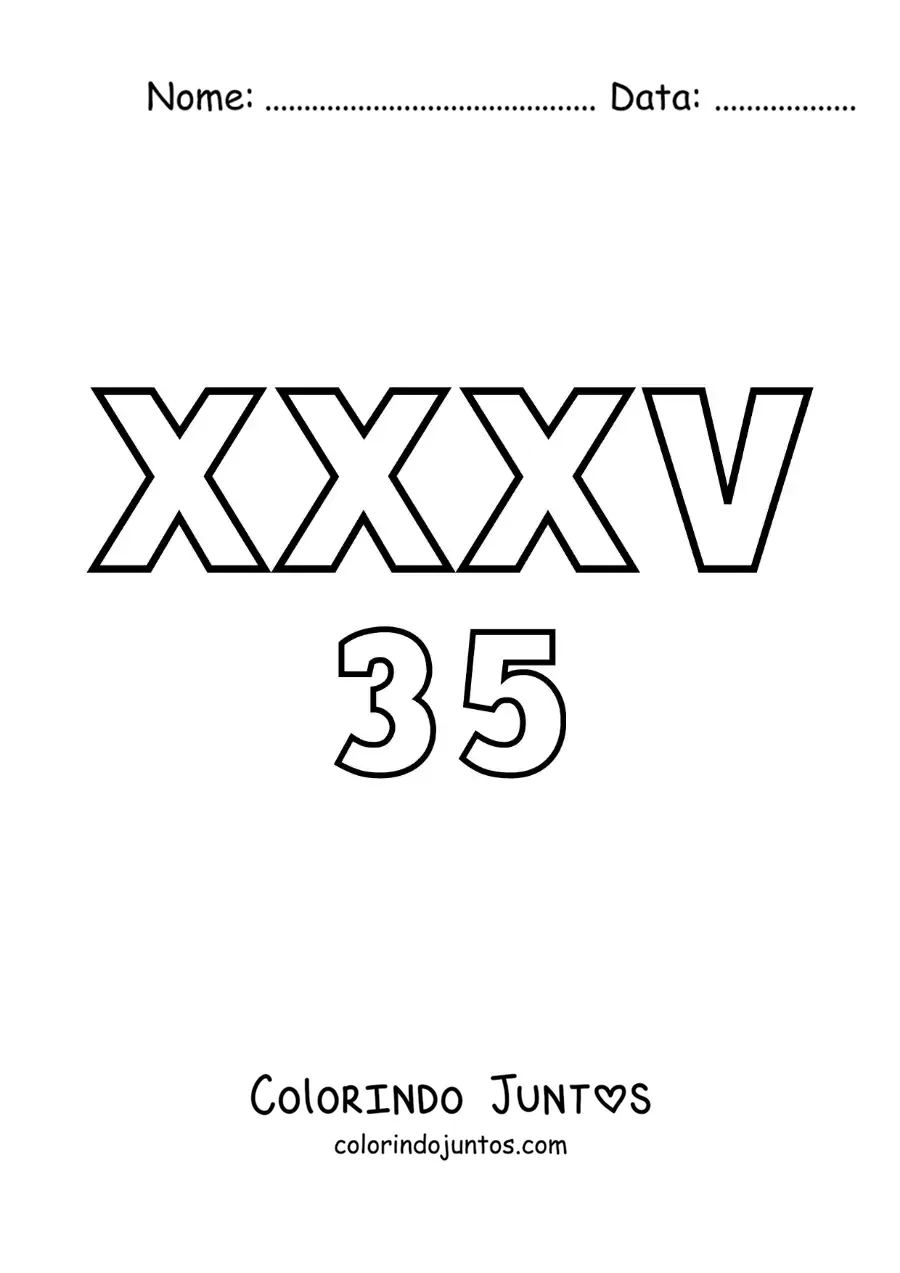 Desenho para colorir de ficha do 35 em algarismos romanos com desenhos animados