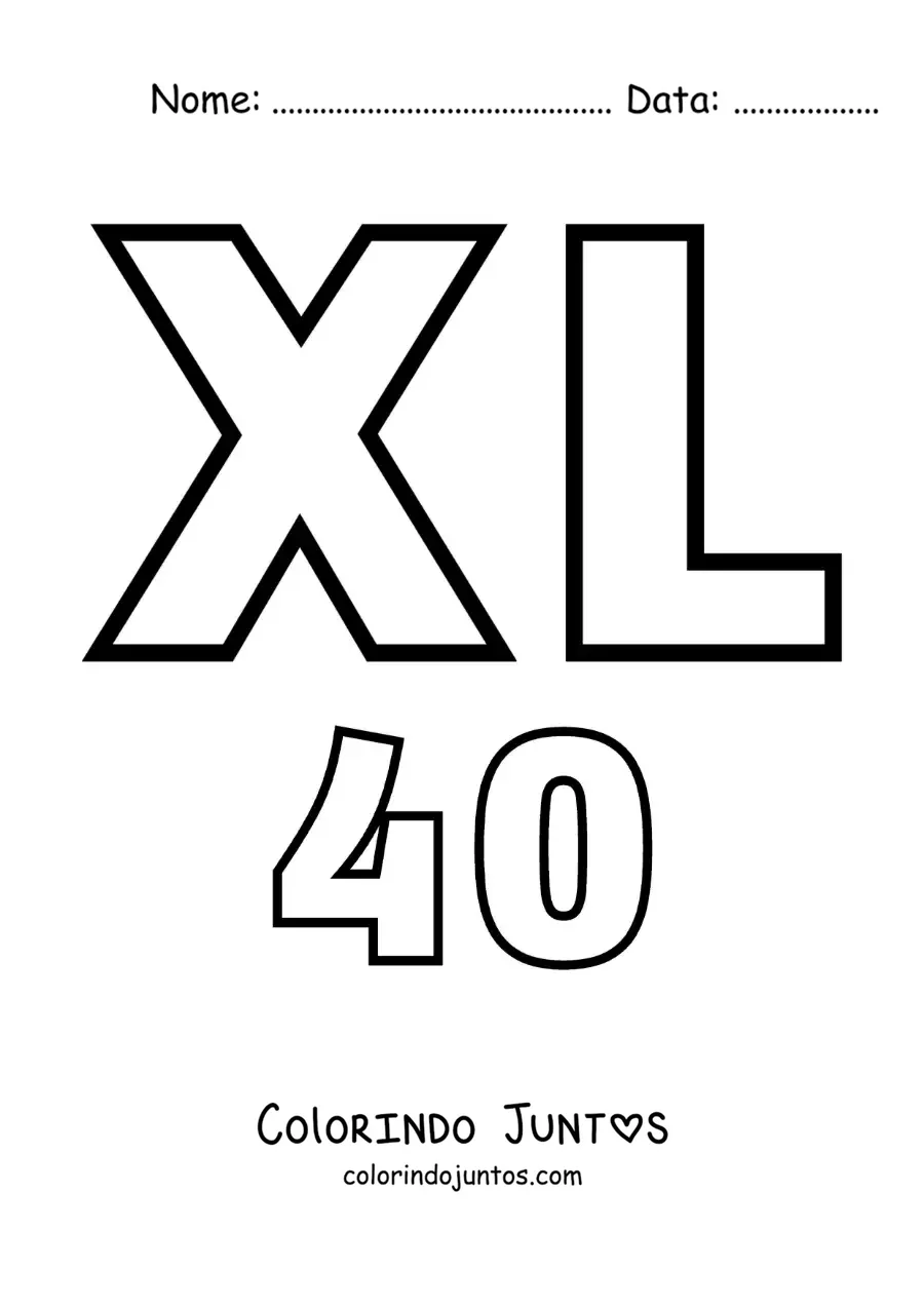 Desenho para colorir de ficha do 40 em algarismos romanos com desenhos animados