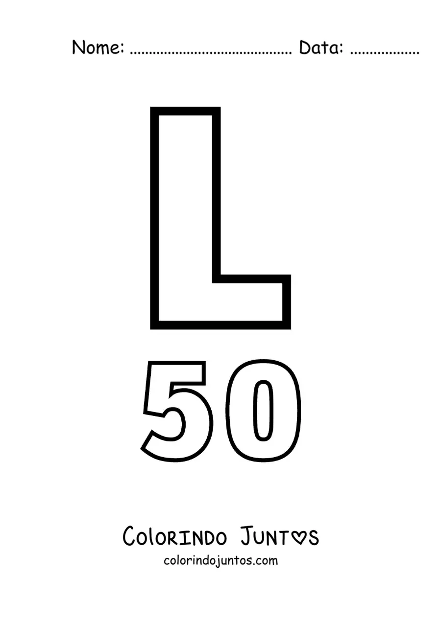 Desenho para colorir de ficha do 50 em algarismos romanos com desenhos animados