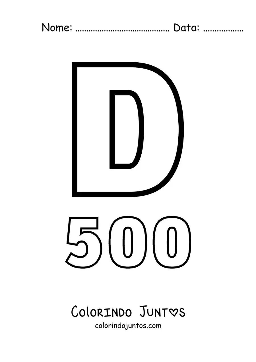 Desenho para colorir de ficha do 500 em algarismos romanos com desenhos animados